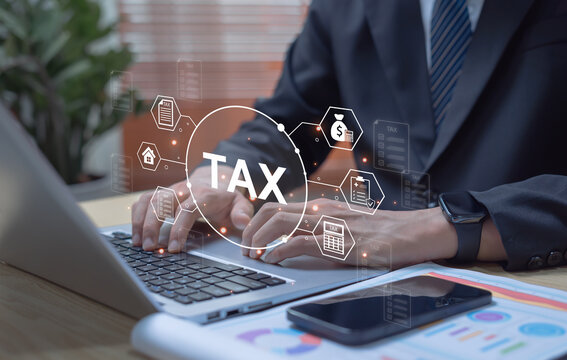 Business taxation and accounting concept showing financial calculation, VAT filing, tax payment process, and corporate financial management services. - Powered by Adobe