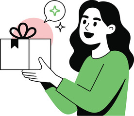 Woman holding a gift box with a bow and a speech bubble with a star on a white background vector