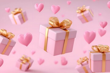 Floating Pink Gift Boxes with Gold Ribbons and Hearts in Background