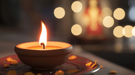 Warm candlelight illuminates a peaceful scene. The diya's flame dances, casting a soft glow on its surroundings.  A calming ambiance fills the space with a sense of tranquility.