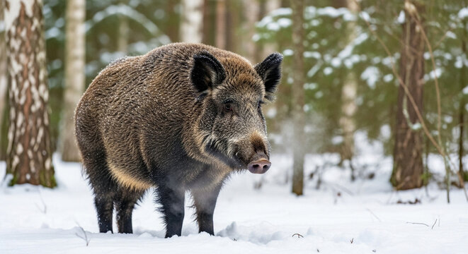 Wild boar in snowy woods standing alert with visible breath, winter wildlife and nature exploration - Powered by Adobe