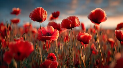 Fototapeta premium Red poppy flower field on a sunny day. Nature and floral background. Beautiful spring and summer landscape for greeting card.