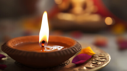 A warm candle flame dances in a clay diya, radiating peace and tradition. Its gentle glow symbolizes hope, dispelling darkness and illuminating the path of wisdom. A moment of serenity.
