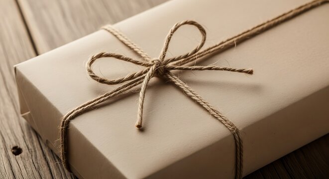 Simple Brown Paper Wrapped Gift Box Tied with Twine on a Wooden Surface present