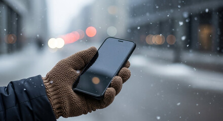 Hand in fleece glove holding smartphone on snowy city street, winter urban technology usage