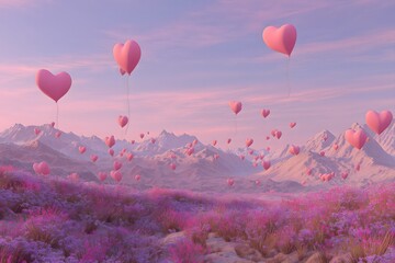 Pink Heart Balloons Floating Above a Dreamy Mountain Landscape