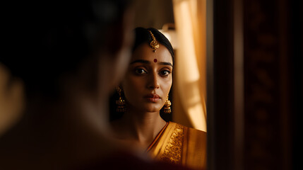 A striking portrait captures a woman's beauty as she gazes into a mirror, adorned in traditional attire. Her golden saree and elegant jewelry add to the scene's timeless grace.