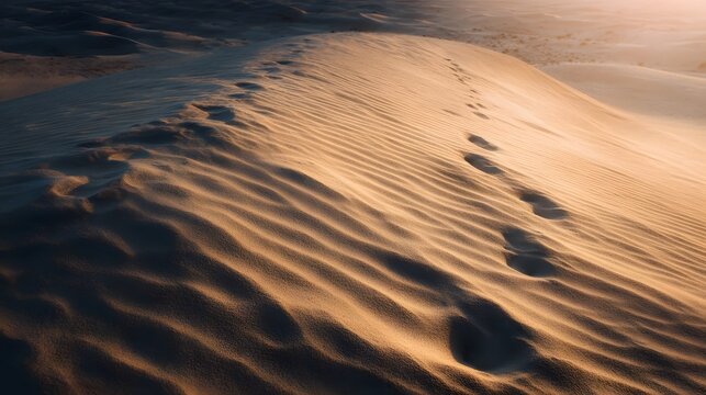 Footprints mark a winding path across a rippled sand dune at twilight
