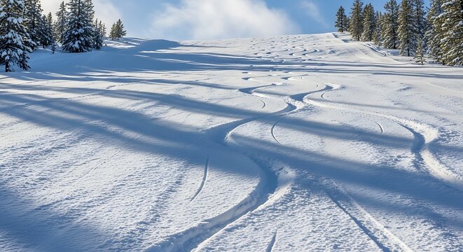 Snowy ski slope with fresh ski tracks and pine trees under a blue sky skiing winter