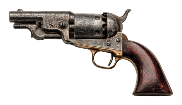 Historic revolver display museum exhibit isolated on transparent background
