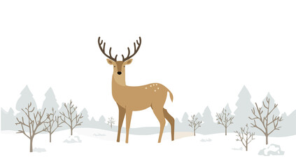 A stylized template featuring a deer standing in a serene snow-covered landscape, designed in a flat design style with clean lines, simple shapes with png Transparent 