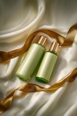 Elegant Green Bottles on Luxurious Satin Fabric with Ribbon