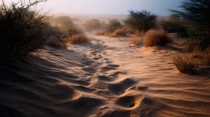 Footprints mark a winding path through wind sculpted sand dunes under the warm glow of golden hour light with sparse desert shrubs