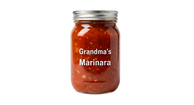 Jar of grandmas marinara sauce isolated on transparent background, a homemade delight