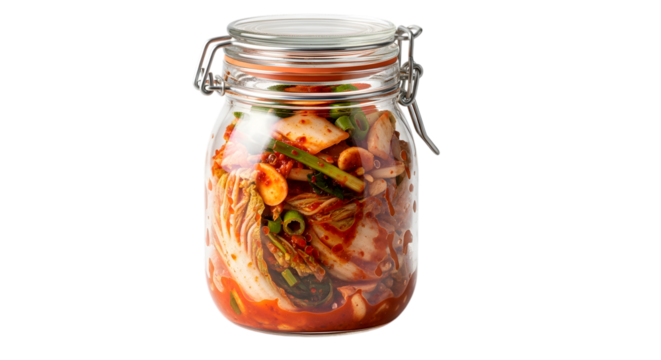 Homemade kimchi in a glass jar isolated on transparent background, ready to eat