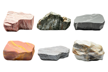 A set of six naturally shaped rough stone slabs and blocks in different colors including red, gray, green, and white, perfect for abstract displays, isolated on transparent background