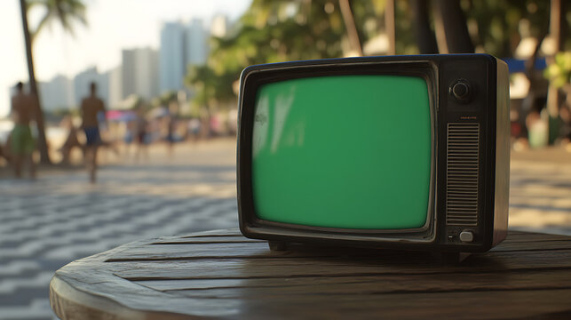 A vintage television with a vibrant green screen rests on a weathered wooden table, with a bustling beach scene unfolding in the background during a sunny day. - Powered by Adobe