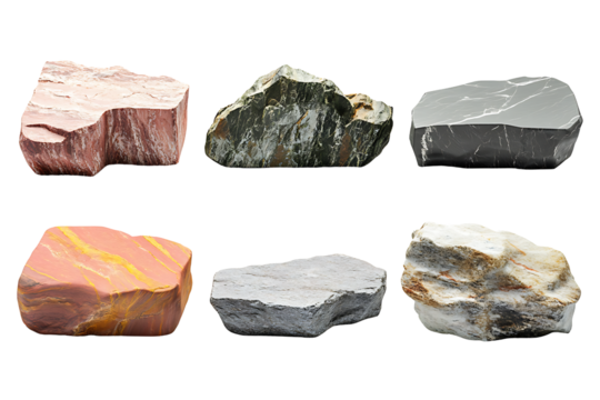 A set of six naturally shaped rough stone slabs and blocks in different colors including red, gray, green, and white, perfect for abstract displays, isolated on transparent background