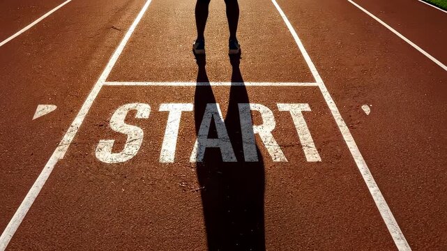Athlete standing at starting line on running track ready for race with shadow on ground