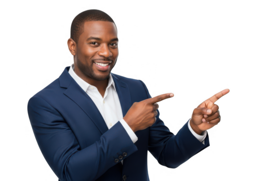 Smiling african american man in a suit pointing to the right