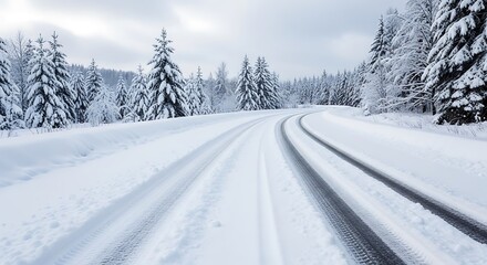Tire tracks on a snow-covered road winding through a winter forest image photo