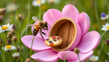 Bee Delivering Mini Pizza to Flower House, Whimsical Nature Scene with Insect Food Delivery in Blooming Garden