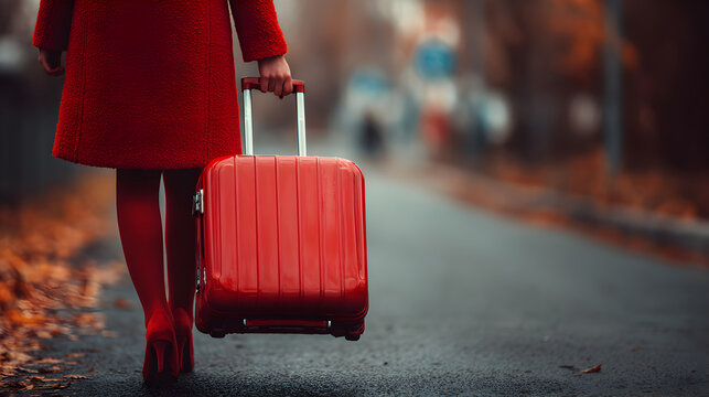 una mujer elegante de rojo con una maleta roja caminando por las calles de la ciudad feliz a punto de viajar sueños hechos realidad 