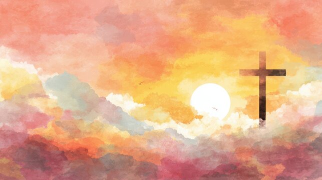 Abstract watercolor cross with sun and cloud background - inspirational and spiritual art