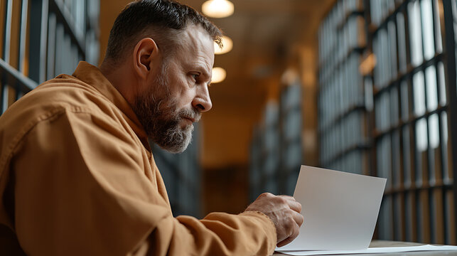 A solemn moment in confinement, an inmate studies paperwork with deep contemplation. The harsh reality of prison life is etched on his face, bars casting shadows of his solitude.