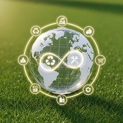 Digital concept of global sustainability featuring a wireframe Earth with a neon cycle of icons on green grass