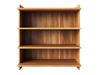 Three tier wooden book shelf open display unit light natural brown wood grain texture empty furniture storage isolated on transparent background