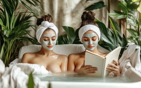 Two women enjoying a luxurious spa day, wearing white towels and facial masks while relaxing in a bathtub surrounded by tropical plants
