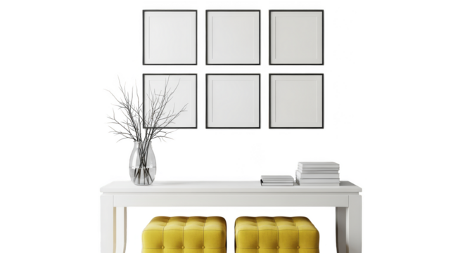 Six frames and foyerstyled vignette against black backdrop