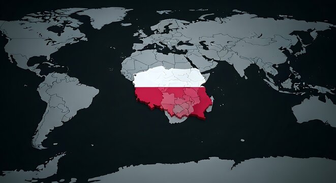 Poland geopolitical concept 3D rendering map Polish flag displayed on world map dark background