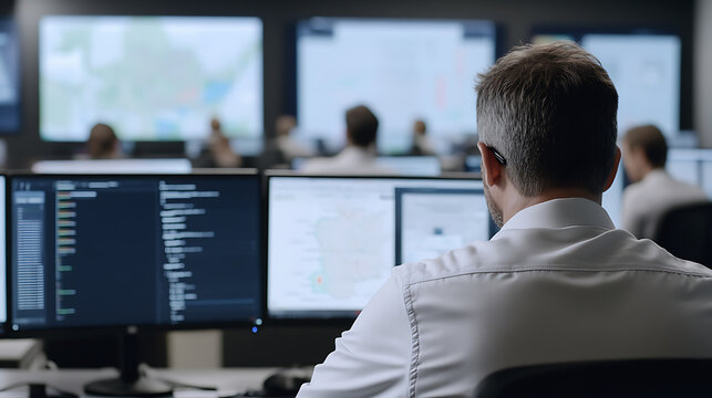 Focused professional monitors data streams at a control center. Surrounded by screens displaying maps and code, the person seems engaged in critical surveillance and response.
