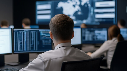 Inside the command center, analysts watch multiple screens displaying data and maps, monitoring global situations. A focused effort, teamwork, and constant vigilance are key.