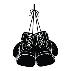 Solid black silhouette of boxing gloves hanging from laces isolated on white background