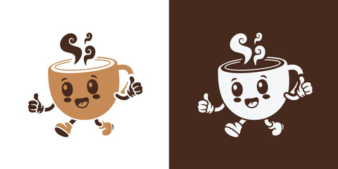A cute and friendly coffee cup mascot logo featuring a smiling cartoon character with warm steam. Perfect for modern cafés, beverage brands, coffee shops, menu design, packaging labels.
