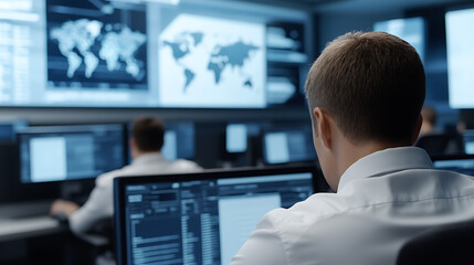 In a control room, a person sits at a computer workstation, focused on monitoring data displayed on screens. They oversee global networks & manage potential security threats.