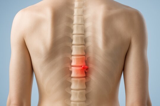 3D medical anatomical of upper and middle back showing thoracic herniated disc with red bulging protrusion compressing thoracic nerve root, realistic visualization of spinal pain and nerve pressure