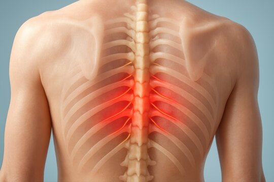 3D medical anatomical of upper and middle back showing intercostal neuralgia with inflamed red intercostal nerves between ribs, realistic visualization illustrating nerve irritation and thoracic pain