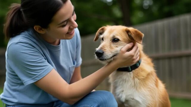Young woman petting her dog in a backyard with a wooden fence