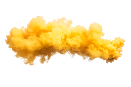 Large horizontal yellow smoke cloud bomb exploding or toxic gas flowing brightly on a studio background isolated on transparent background