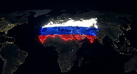 Russia flag map highlighted on dark world map background glowing borders night effect