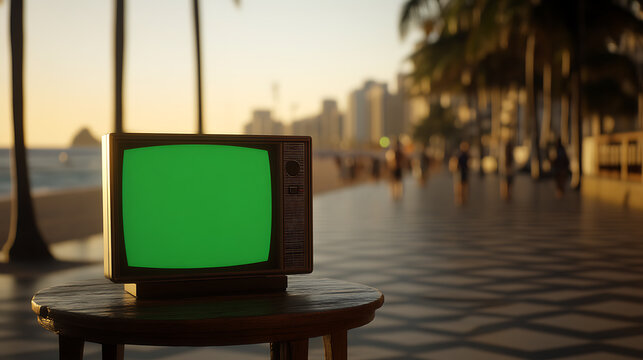 Vintage TV displaying a green screen on a round wooden table near a boardwalk with palm trees, blurred buildings, and people in the background during sunset. Beach.
