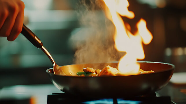 A chef flambés food in a pan over a stove, creating a burst of flames and steam. This culinary technique adds flavor and visual flair to the dish, creating anticipation for its taste.