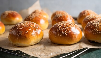 Freshly Baked Brioche Buns With Sesame Seeds On Baking Paper Golden Homemade Burger Buns Cooling After Baking