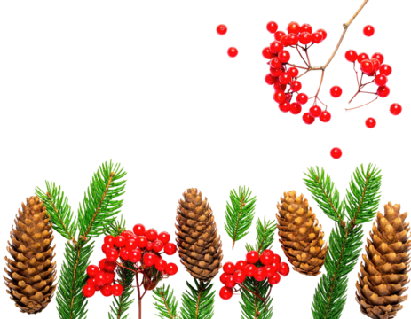 Festive arrangement pine cones, berries, and evergreen foliage, against a transparent background