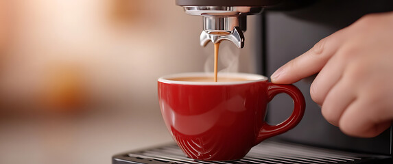 Brewing aromatic coffee into a red cup. The steam rising suggests a hot, fresh brew, inviting a comforting and energizing start to the day. Close up shot.