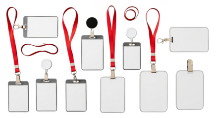 Assorted identification badges with lanyards arranged neatly